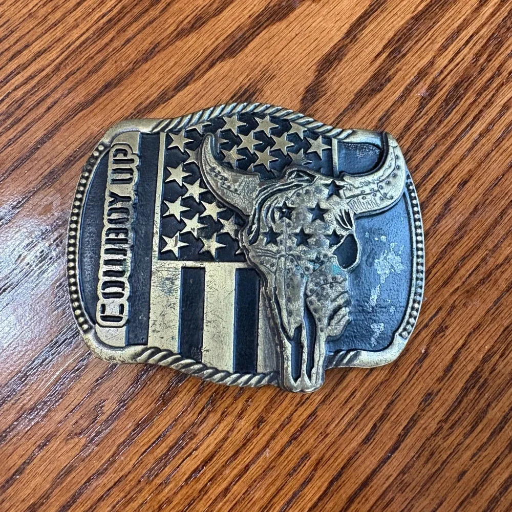 Montana Silversmith Belt Buckle Mens OS Cowboy Up Steer Skull Flag Western Brass